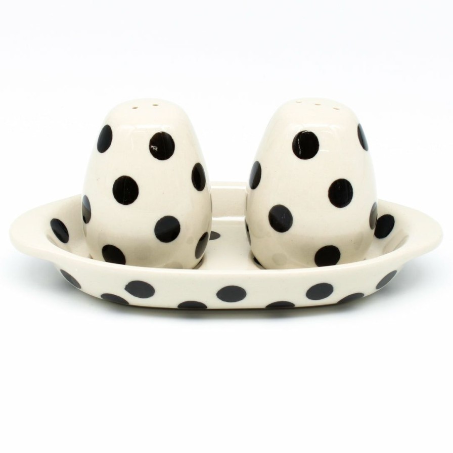 Table Accessories * | Janelle Imports Salt & Pepper Set W/Tray In Black Polka-Dot