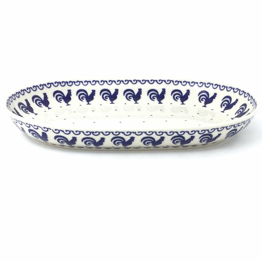 Platters, Servers, And Trays * | Janelle Imports Sm Oval Platter In Blue Roosters