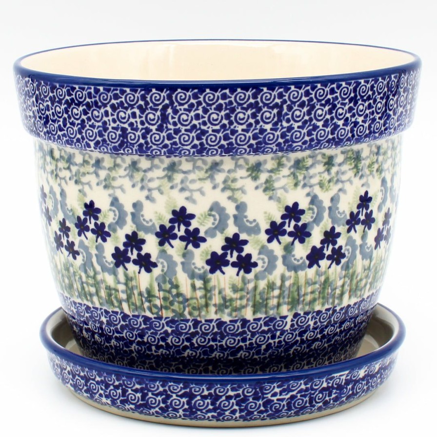 Home Decor * | Janelle Imports Lg Flower Pot W/Plate In Alpine Blue