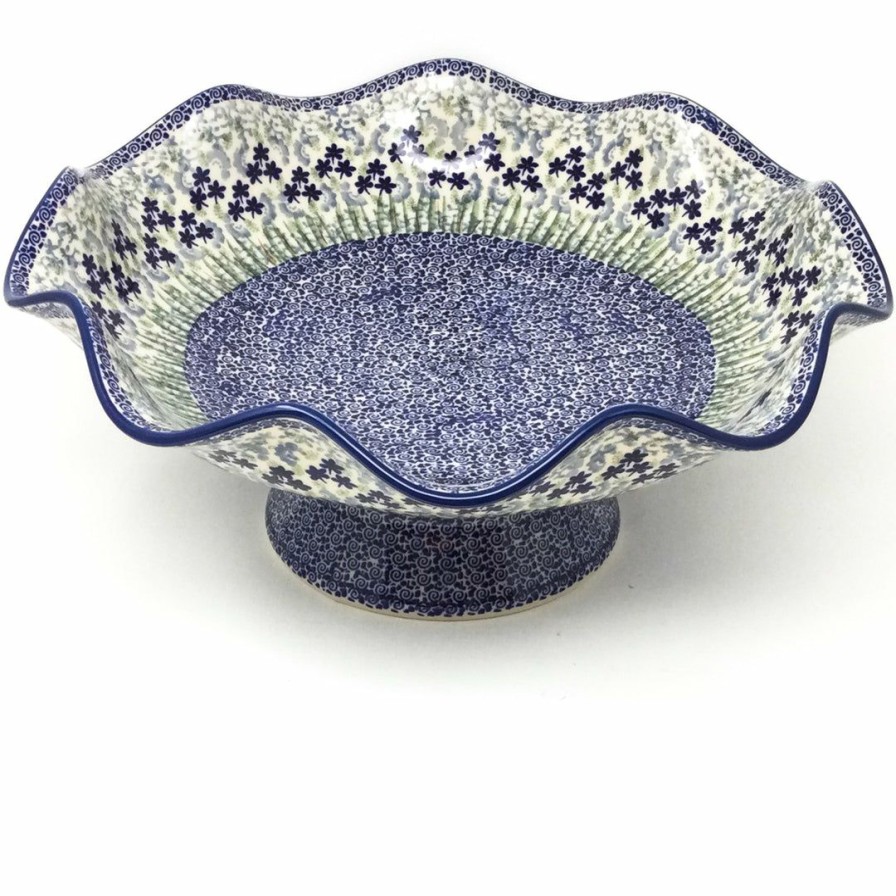 Bowls * | Janelle Imports Fluted Pedestal Bowl In Alpine Blue