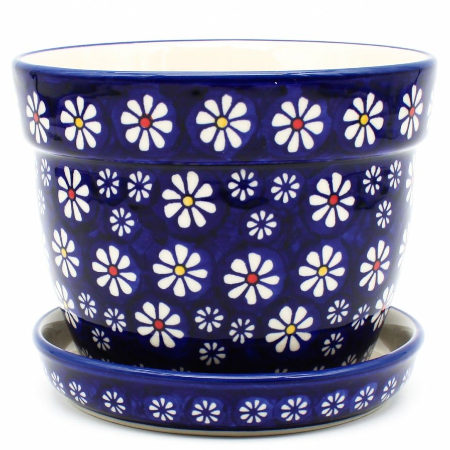 Home Decor * | Janelle Imports Md Flower Pot W/Plate In Flowers On Blue