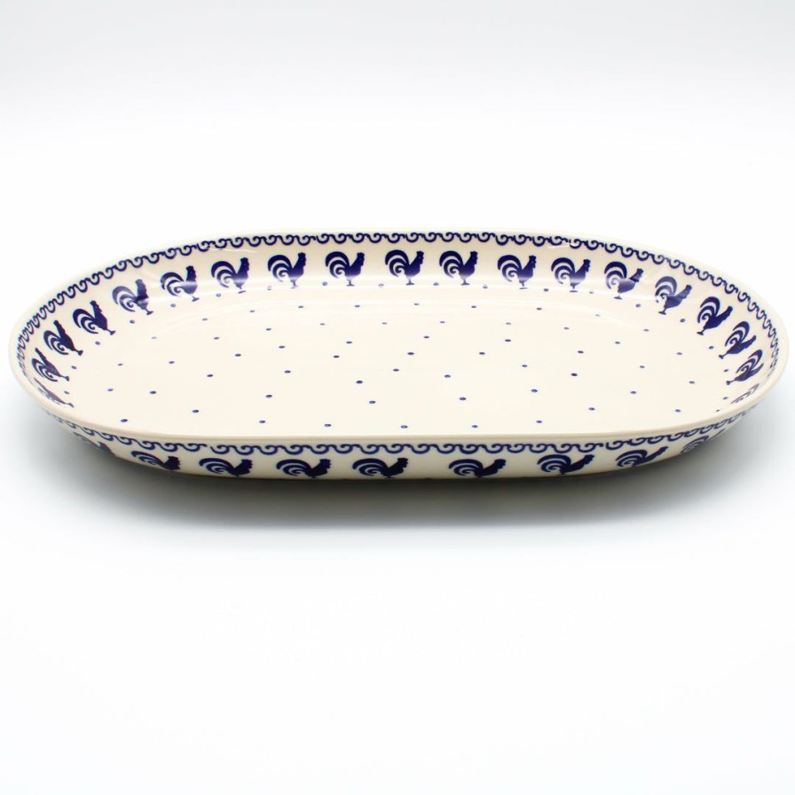 Platters, Servers, And Trays * | Janelle Imports Lg Oval Platter In Blue Roosters